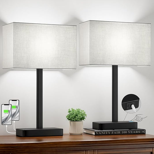 Hong-in Touch Lamps for Bedroom - 3-Way Dimmable Bedside Lamps Set of 2 with USB C+A, Grey Modern Table Lamp for Night Stands, Desk Lamp for Living Room Nightstand End Tables Bed Side