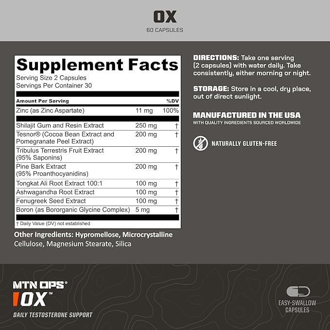 MTN OPS Ox Daytime Testosterone Support for Men Testosterone Booster with Ashwagandha, Tribulus, Tongkat Ali, Zinc & Boron, 60 Capsules, 30 Servings