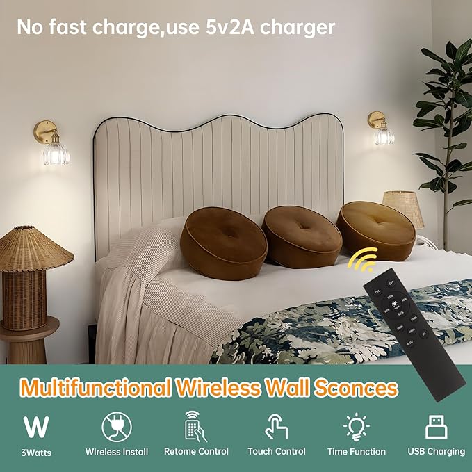 Shenmoyl Battery Operated Vintage Wall Sconces with Transparent Tulip Glass Lampshade Battery Powered Wall Lighting for Bedside Bedroom Doorway, Set of 2