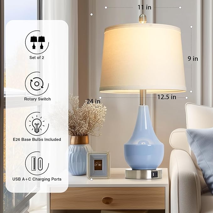 Cinyirong Modern Blue Table Lamp Set of 2, 24" Ceramic Table Lamp with USB A+C Ports,Classic Beside Lamps Nightstand Lamp Modern Lamp for Living Room, Bedroom & Office -LED Bulbs Included