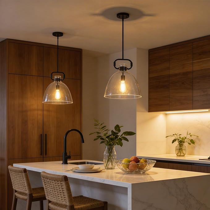14'' Glass Pendant Light Fixture, 1-Light Modern Large Pendant Lights Kitchen Island, Adjustable Cord Farmhouses Black Island Lighting for Kitchen Bedroom Dining Room, E26