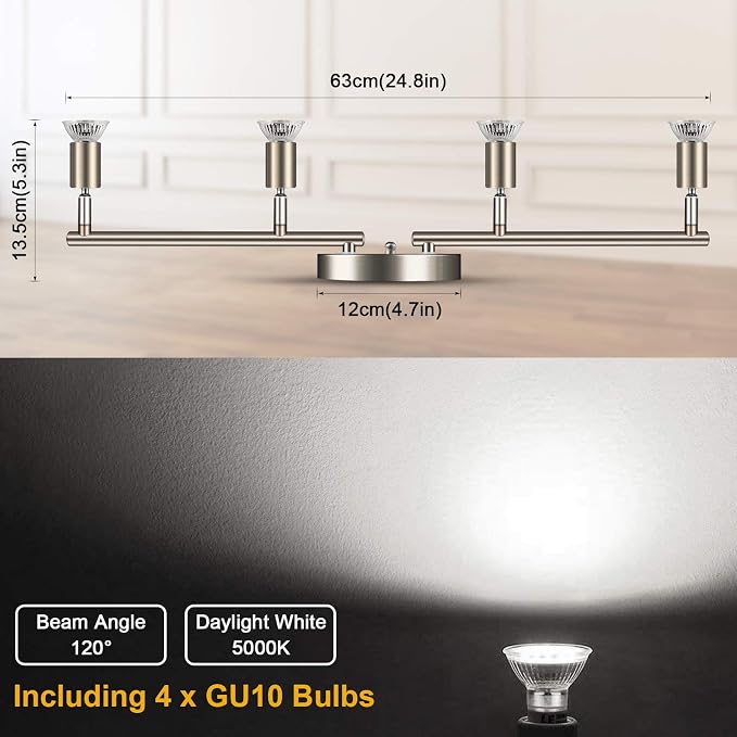 Ascher 4-Light LED Track Lighting Kit, Flexibly Rotatable Light Heads, 4 Way Ceiling Spotlight Matt Nickel Finish, Including 4 GU10 LED Bulbs (4W 400LM Daylight White 5000K)