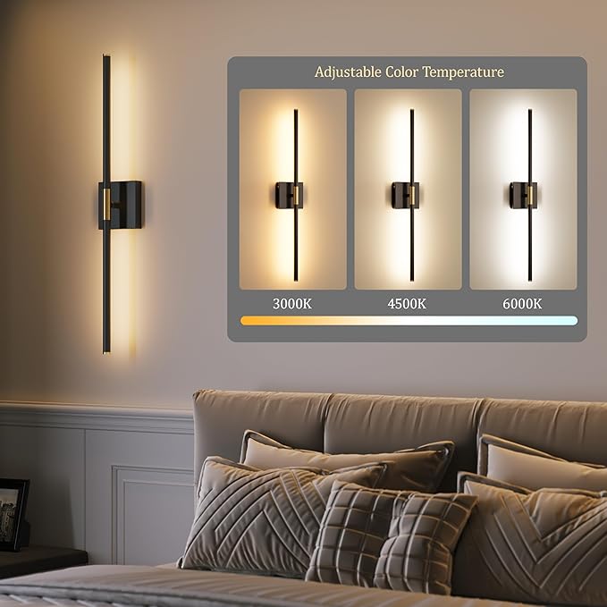 10000mAh Battery Operated Wall Sconces Set of 2, 3 Color Dimmable Rechargeable Wall Light with Remote, 24 Inch Black Gold Wireless Sconces Wall Decor with Timer Function for Living Room, Bedroom, TV
