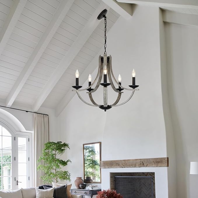 LAMPKEDUO Rustic Farmhouse Chandeliers for Dining Room, 5-Light 24 inch Faux Wood Texture Hanging Light Fixture, Candle Style Chandelier for Living Room Kitchen Island Foyer Entryway