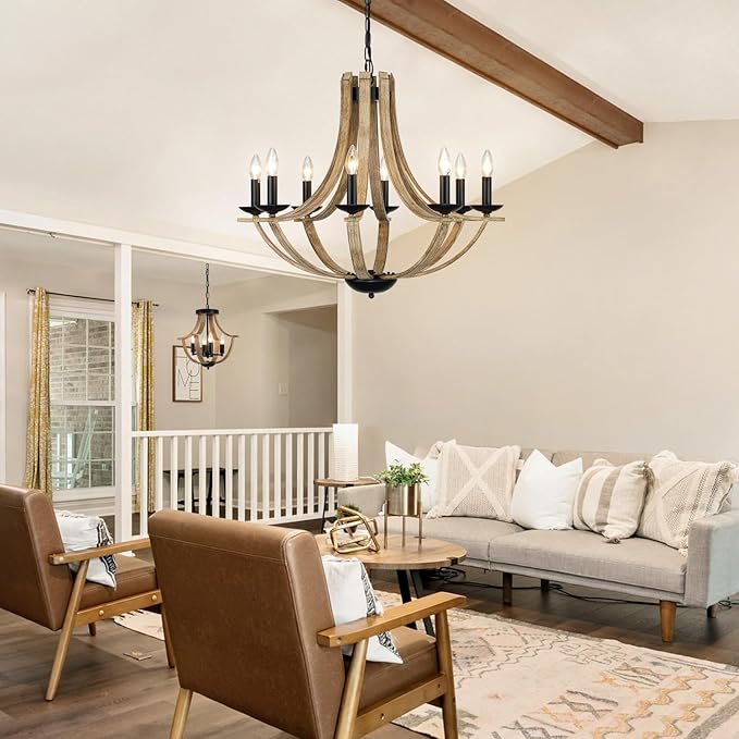 LAMPKEDUO Farmhouse Chandeliers for Dining Room Light Fixture, 8-Light 28" Adjustable Height Retro Faux Wood Texture Rustic Light Fixtures for Living Room Bedroom Kitchen Island Foyer Entryway
