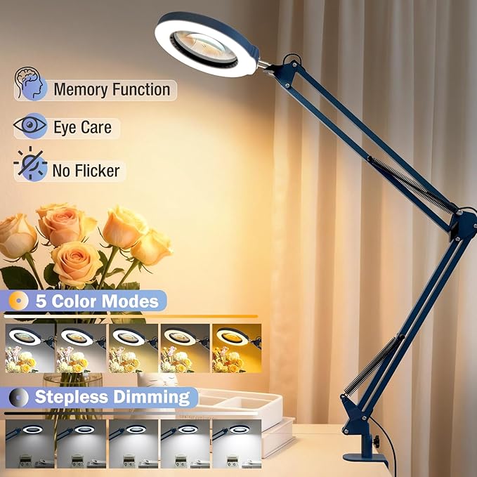 10X Magnifying Glass with Light and Clamp, Real Glass Stand Lighted Magnifier, 2*16 Arm 5 Color Modes Stepless Dimmable LED Desk Lamp Hands Free for Craft Hobby Reading Painting Close Work Large Blue