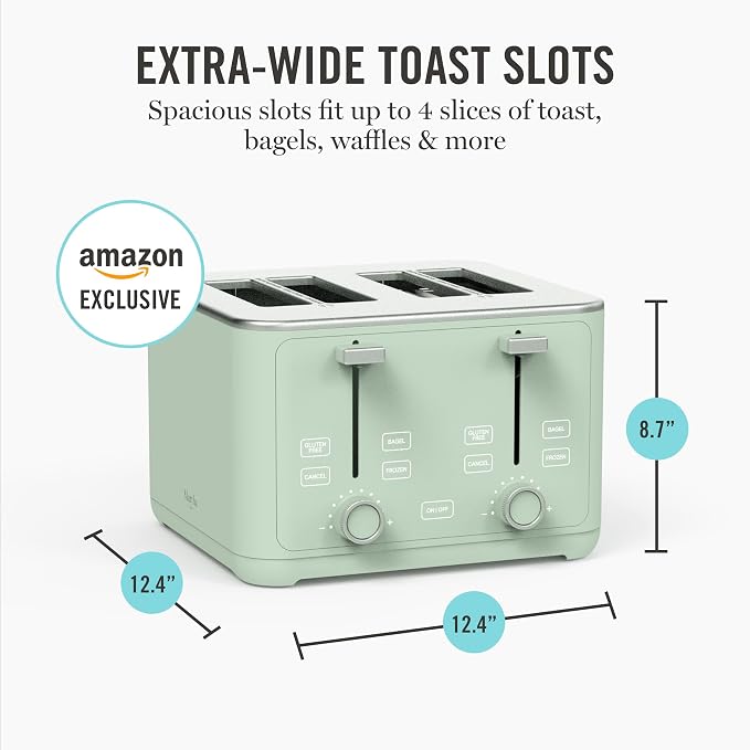 Martha Stewart 4 Slice Toaster, 10 Shade Settings with Defrost, Cancel, Bagel & Gluten-Free, Extra-Wide Self-Centering Slots for Waffles, Artisan Bread, Removable Crumb Tray, Cord Wrap,1800W, Honeydew