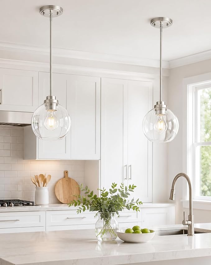 Pendant Lights Kitchen Island, 7" Modern Brushed Nickel Hanging Lights Fixtures with Clear Glass Globe Shade, Kitchen Island Lighting for Bathroom, AD-22280-1P-SN-C