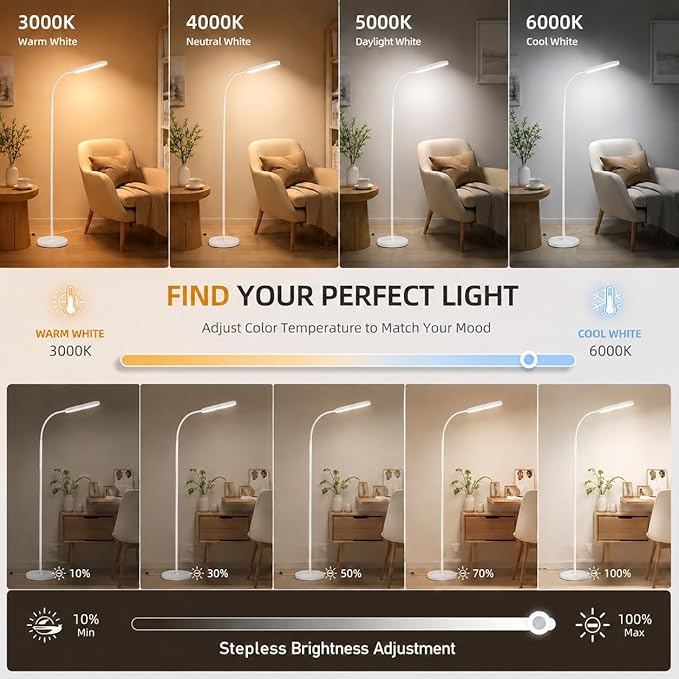 Wio-Mio Floor Lamps, 15w/1000lm Bright LED Floor Lamp with Stepless Adjustable 3000K-6000K Colors and Dimmer, Remote and Touch Control Reading Lamp, Adjustable Floor Lamp for Living Room