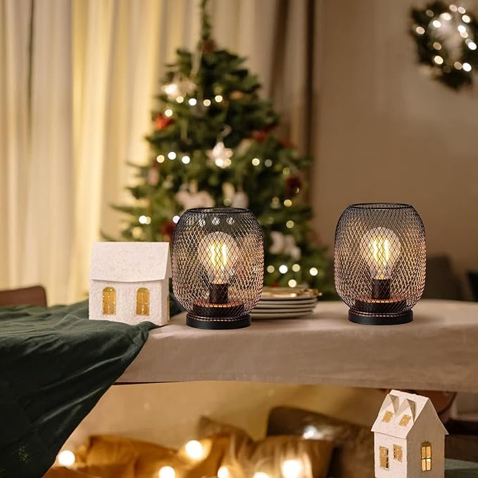 Set of 2 Battery Operated Lamp LED Table Lantern, Brown Metal Cage Cordless Lamps with LED Bulb，Vintage Decorative Outdoor Lantern for Weddings, Parties, Patio, Events for Indoors Shelf Decor