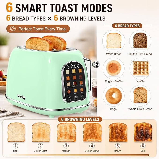 Mecity Toaster 2 Slice, Touch Screen Wide Slot Retro Toaster For Breads Bagel Muffin Waffle, House Warming Gift New Home, 120V 825W, Light Green