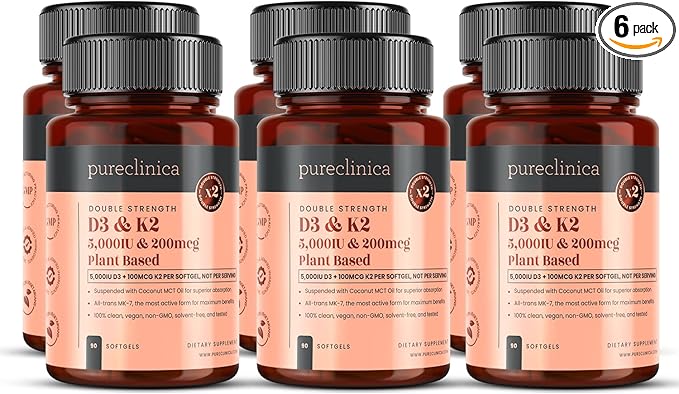 Vitamine D3 + K2 (MK-7) double concentration – 5 000 UI D3 + 200 mcg K2 x 540 gélules végétaliennes (6 flacons de 90) – D3 de lichen et MK-7 de natto d'origine végétale – Absorption améliorée avec de l'huile de TCM – 18 mois d'approvisionnement