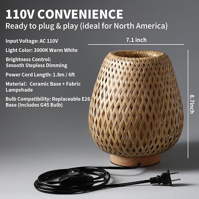 Boho Table Lamp with Double Layer Woven Shade Wood Base, Desk Bedside Small Rattan Lamps, 110V Plug, Dimmable E26 Socket (Bulb Included) for Living Room Night Stands Bedroom