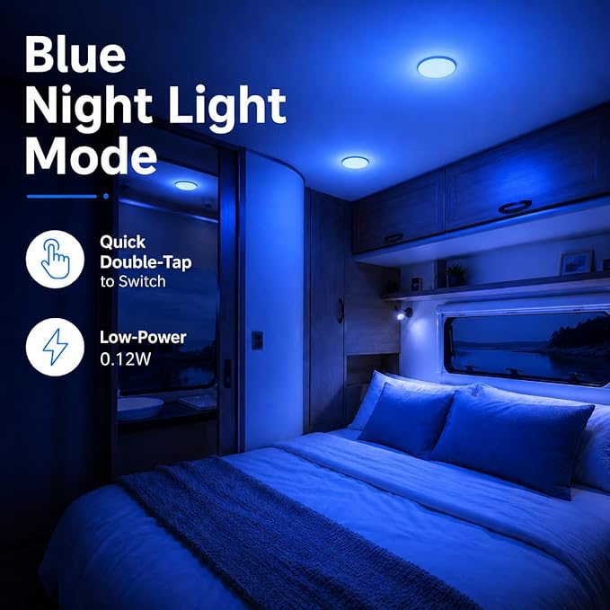 RV Puck Light 5Inch, Dimmable RV Light Fixture 12V, Camper Interior Light with Inbuilt Dimmer Switch, RV Ceiling Light for Boat Camper Trailer Car(Dimmable Cool White& Blue Nightlight, 6PCS)