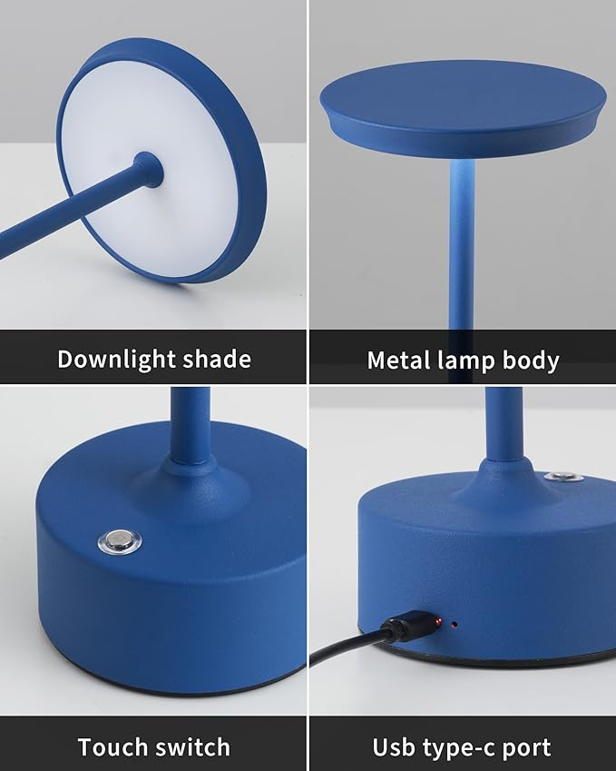 PUSU Rechargeable Table Lamps Set of 2, Blue Cordless LED 4000mAh Battery Desk Lamp, Stepless Dimming & 3 Color 2700K-6000K, Portable Lamp for Bedroom, Living Room, Restaurant, Outdoor, Night Light