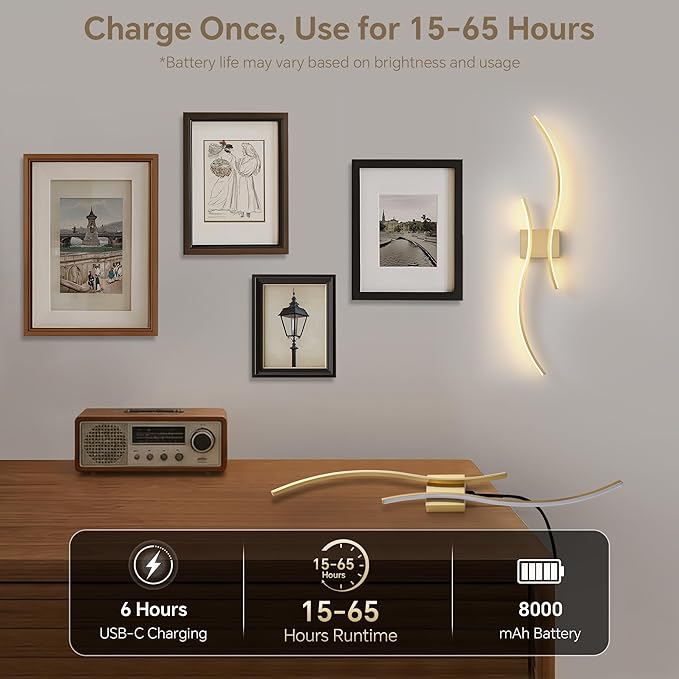 Battery Operated Wall Sconce Set of Two, Dimmable Modern LED Rechargeable Wall Light with Remote Control, Wall Decor for Living Room