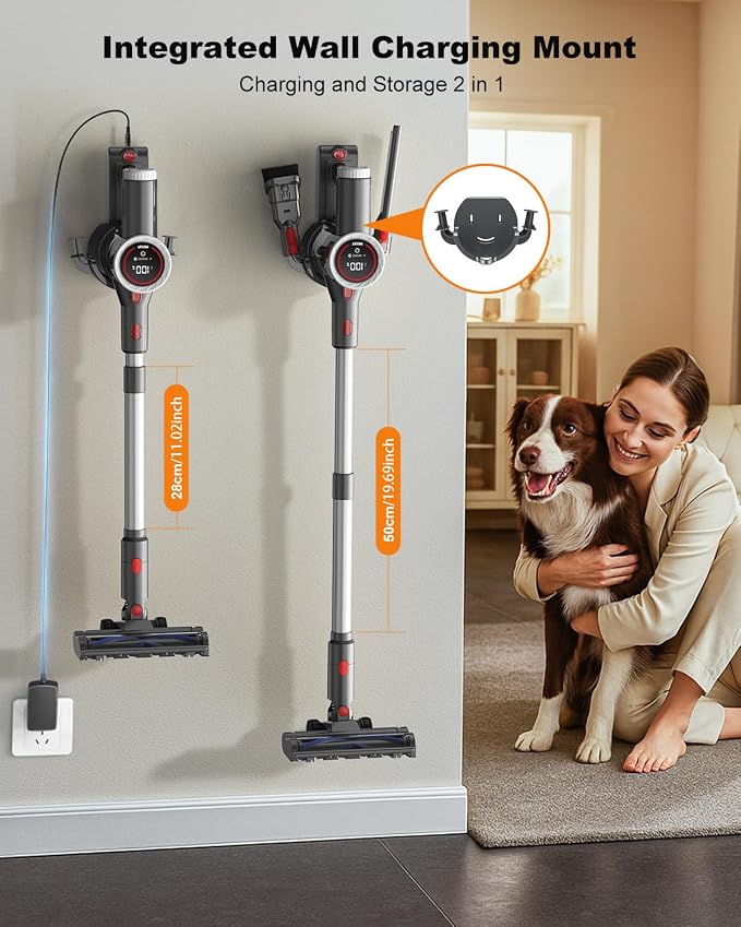 Cordless Vacuum Cleaner for Home, 6-in-1 Stick Vacuum Cordless Rechargeable with LED Display & Green Floor Lights, Lightweight Vacuum Cleaners for Home Pet Hair Hardwood Carpet - Silver