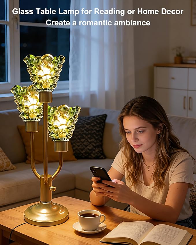 Mid Century Modern Vintage Table Lamp Dimmable Nightstand Lamp with Green Glass Gold Desk Lamp 3 Bulbs Included Warmwhite Ambient Bedside Lamps for Bedroom Living Room Office Home Decor