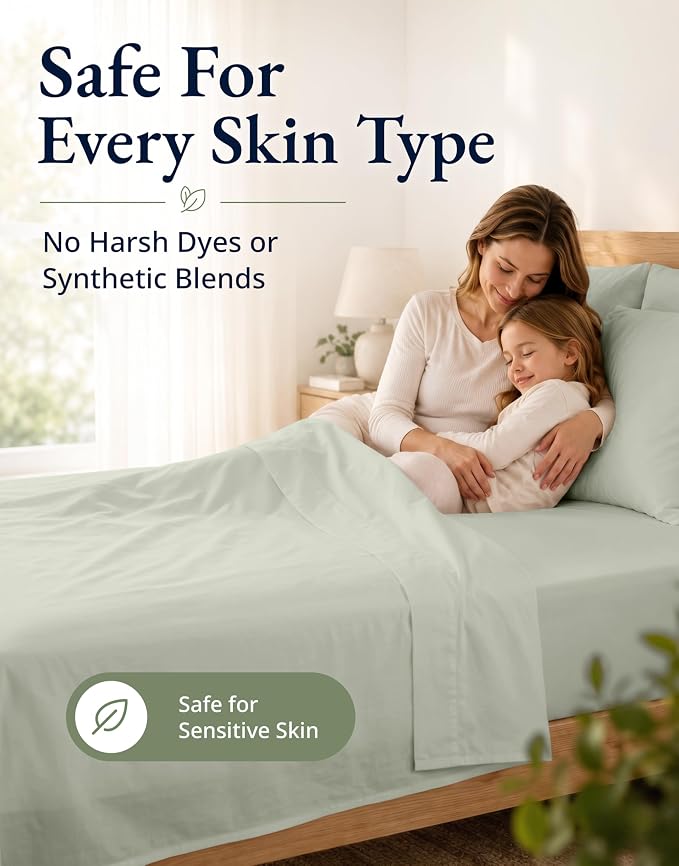 LANE LINEN Twin Size Fitted Sheet & Pillowcase (No Flat Sheet) - 100% Organic Cotton Soft & Breathable Percale Weave For Crisp & Cool Sheets - 15'' Deep Pocket For Snug Fit - GOTS Certified - Mineral