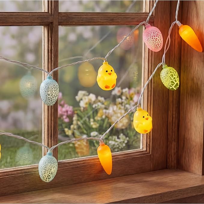 GOOTHY 8.5Ft Outdoor Easter Cracked Egg Chicken and Carrot String Lights Plug in, Hanging Easter Decorations Pastel Lights for Indoor Outdoor Spring Themed Party Patio Garden Birthday Home Decor