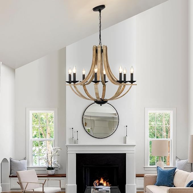 LAMPKEDUO Farmhouse Chandeliers for Dining Room Light Fixture, 8-Light 28" Adjustable Height Retro Faux Wood Texture Rustic Light Fixtures for Living Room Bedroom Kitchen Island Foyer Entryway