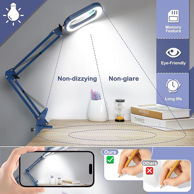 Drdefi 10X Square Magnifying Glass with Light and Stand, Real Glass LED Lighted Magnifier, 5 Color Modes Stepless Dimmable, Hands-Free Mag Desk Lamp with Clamp for Reading Craft Hobby Close Work Blue