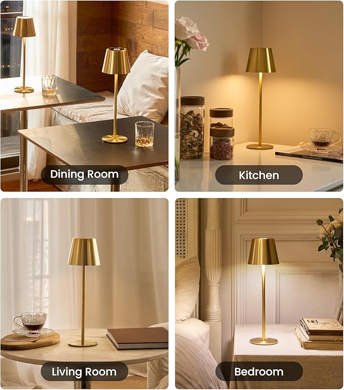 Cordless Table Lamp, Portable Battery Operated Lamp with 3 Color Temps and Stepless Dimming, Rechargeable Table Lamp for Dinner, Desk, Cafe, Outdoor (Brushed Gold)