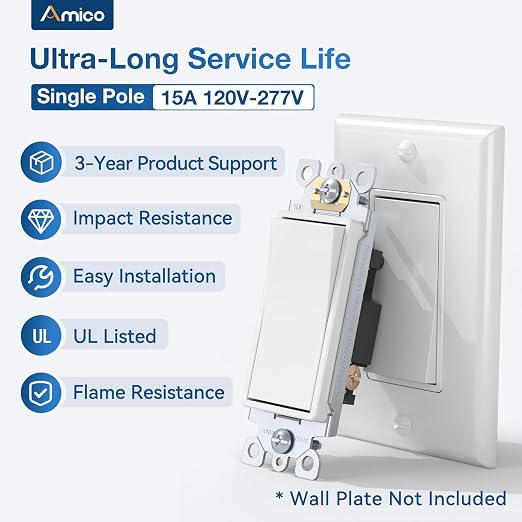 Amico 30 Pack Single Pole Light Switch, UL Listed, 15A 120/277V, On/Off Rocker Paddle Interrupter Wall Switch, Grounding Screw, Suitable for Home and Business, No Wall Plate Included, White