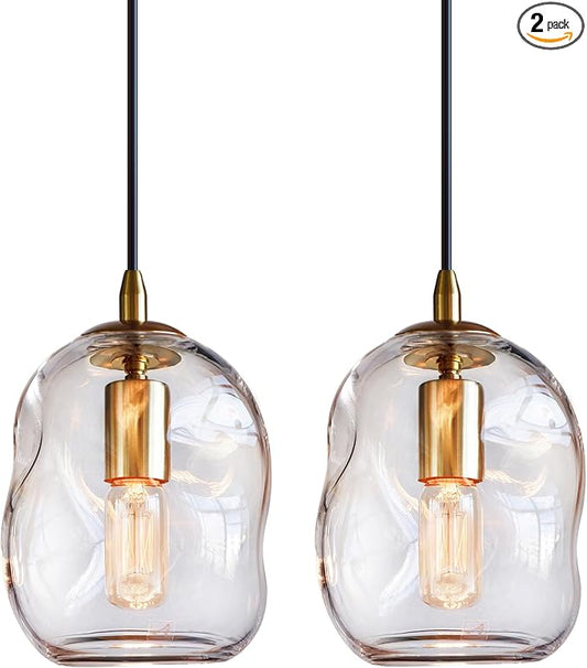 CASAMOTION Pendant Lights Kitchen Island 2 Pack Modern Contemporary Clear Glass Organic Globe Brass Gold Hanging Light Adjustable Cord Bedroom Dining Table Small Medium Lamp 8 Inch