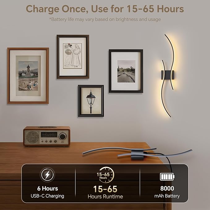 Battery Operated Wall Sconces Set of 2, Dimmable Modern LED Rechargeable Wall Light with Remote Control, Wall Decor for Living Room, Hallway, Quick Install, No Electrician Required