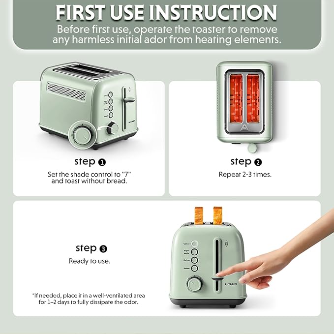 BUYDEEM DT620 2-Slice Toaster, 7 Shade Settings, Extra Wide 1.5'' Slots for Bagel & English Muffin, 6 Toasting Functions, Retro Stainless Steel Toaster with High Lift Lever, Cozy Greenish