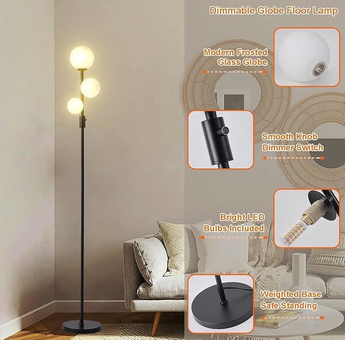 Fiqevs Upgraded Dimmable 3 Globe Mid Century Modern Floor Lamp, 3 x 3000K Warm Light LED Bulbs Included, Matt Black Standing Lamp with Sphere Glass Shade, Vintage Tall Lamp for Living Room, Bedroom