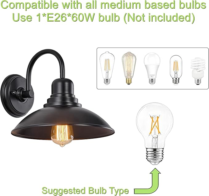 GOLDHILL Textured Black Gooseneck Barn Light 2 Pack, Farmhouse Bathroom Vanity Sconce with E26 Base, Powder Coated Metal Exterior Wall Sconce for Garage Porch and Mirror Side