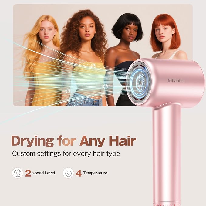 Labiim Hair Dryer, High-Speed Ionic Blow Dryer 110,000 RPM Brushless Motor for Fast Drying, 200M Ions Frizz & Thermo-Control HairDryer with Magnetic Nozzle, Quiet Compact for Home Travel,Rose