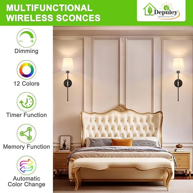 Depuley Battery Operated Wall Sconce: Set of 2 Wireless Wall Lights with Remote for Bedroom - Rechargeable 15 Colors Black and Gold Wall Lamp for Living Room Hallway