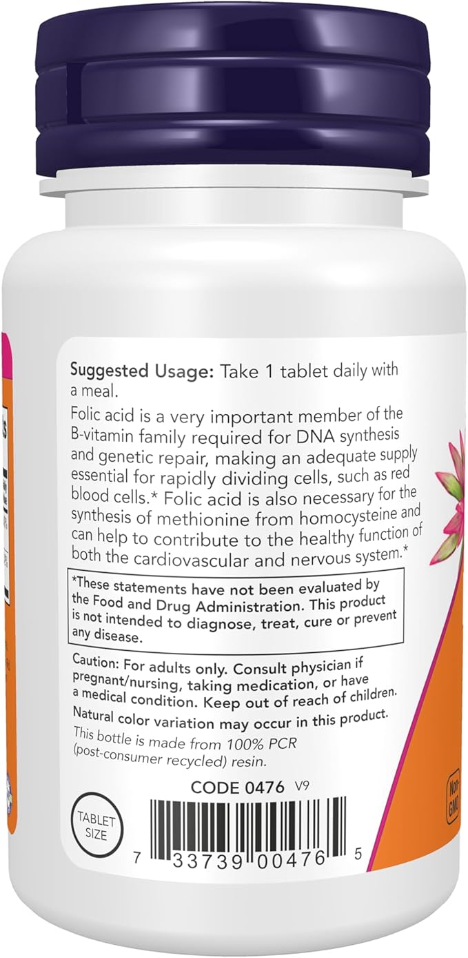 NOW Supplements, Folic Acid 800 mcg + B-12 (Cyanocobalamin) 25 mcg, B Complex Vitamin, 250 Tablets