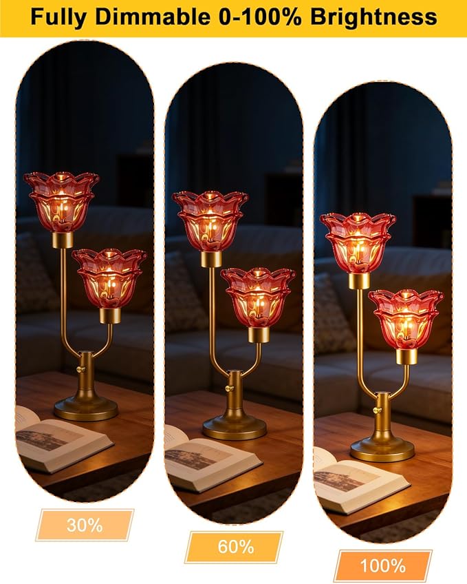 Lightdot Mid Century Modern Flower Table Lamp Dimmable Nightstand Lamp Red Glass Vintage Gold Desk Lamp 2 Bulbs Included Warmwhite Ambient Bedside Lamps for Living Room Bedroom Home Office Decor Gift