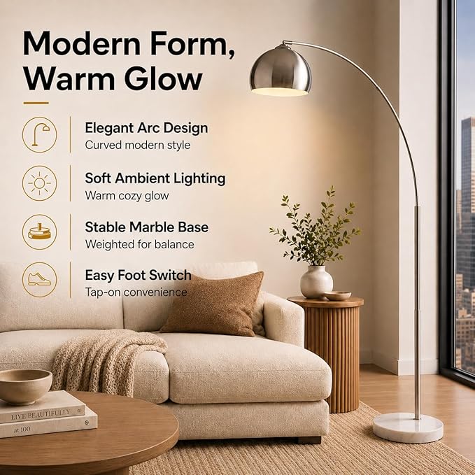 Teamson Home Arquer 68.1" Arc Floor Lamp for Living Rooms, Home Offices, Dining Rooms, Bedrooms with Faux White Marble Base and Nickel Bell Shade