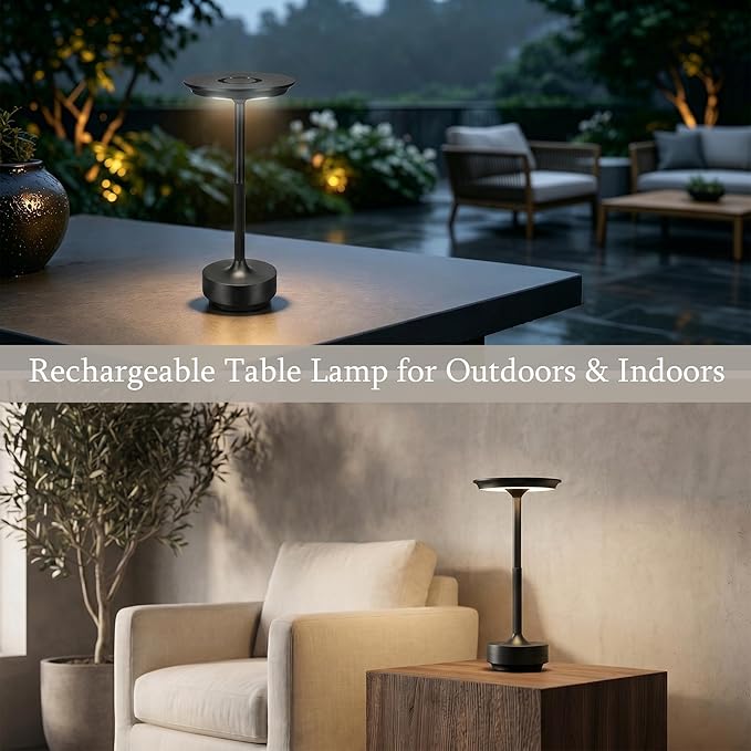 Rechargeable Cordless Table Lamp Set of 2, Portable Battery Operated LED Table Light, 3 Color Stepless Dimming with Touch Sensor for Outdoor Camping, Patio, café, Restaurant, Bars,Black