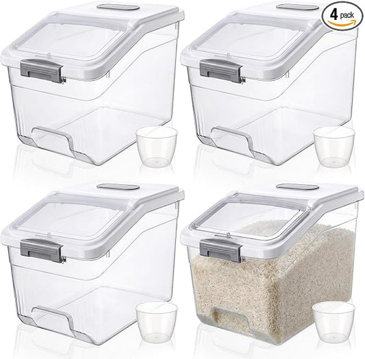 Blushtier 4 Pack Large Rice Storage Containers 30 Lbs Airtight Flour Container with Seal Locking Lid and Measuring Cup Kitchen Dry Food Storage Bins for Cereal Sugar Beans(Transparent White)