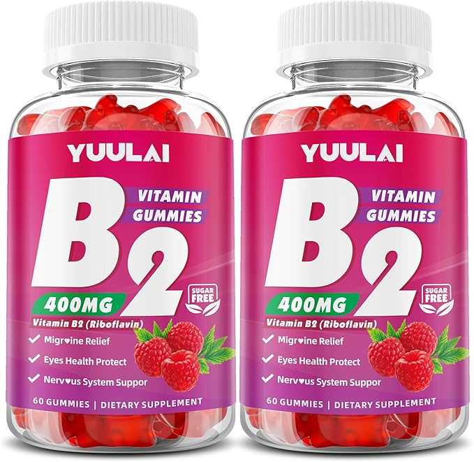 Paquet de Gommes de Vitamine B2 400mg | Supplément de Riboflavine avec Magnésium pour Enfants et Adultes, Gommes B2 pour le Soulagement de la Migraine, la Santé du Système Nerveux et de la Peau, Végétalien, Sans Sucre, Saveur Framboise, 120 Unités
