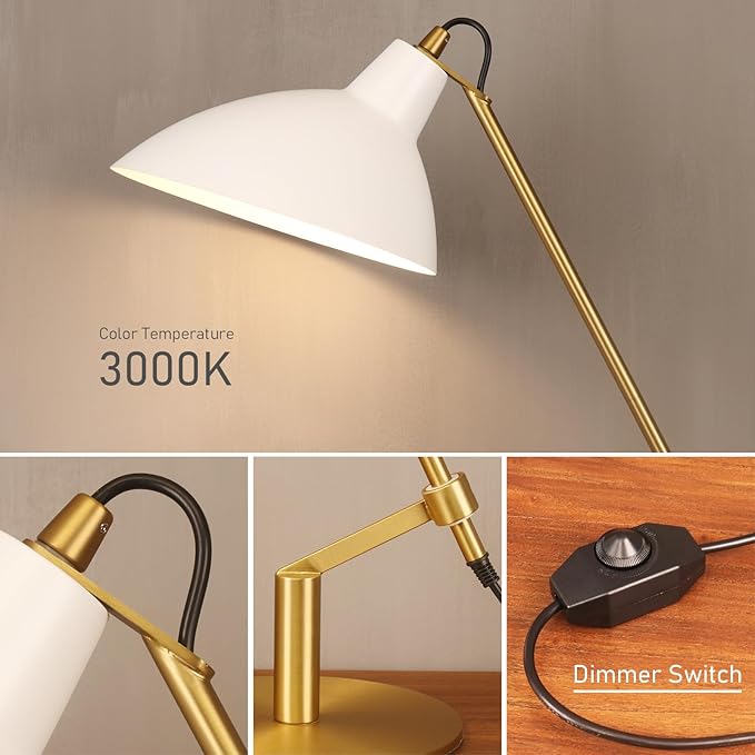 Desk Lamp Modern Industrial 100% Metal Adjustable Table Lamp 24", Natural Light (4000K) with Dimmer, Ideal for Office Bedroom Study Room Living Room Nightstand Bedside Lamps White+Brass