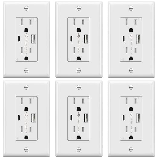 TOPGREENER USB Outlet, 4.2A Type C & Type A Wall Outlet, 15 Amp Tamper Resistant Receptacle Plug, Charging Power Outlet with USB Ports, Wall Plate Included, UL Listed, TU21536AC-W-6PCS, White, 6 Pack