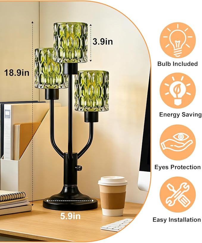 Mid Century Modern Table Lamp for Living Room Dimmable Nightstand Lamp Black Vintage Desk Lamp with Green Glass 3 Bulbs Included Warmwhite Ambient Bedside Lamps for Bedroom Office Home Decor