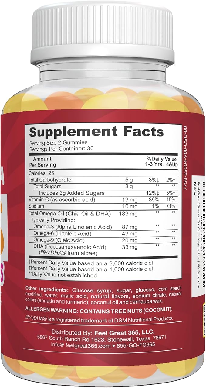Feel Great Vitamin Co. キッズ用コンプリートDHAグミ | オメガ3 6 9 + DHA、ビタミンC配合 | 脳機能、視力、心臓の健康をサポート | グルテンフリー、ベジタリアン | 60粒