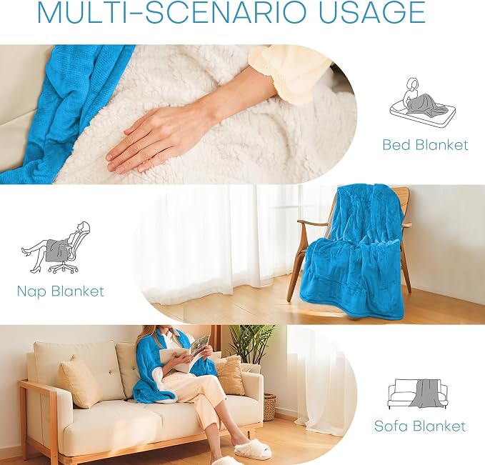 LUXIAN Electric Heated Blanket Throw Size 50"x60" - Flannel & Sherpa Fabric Dual-Sided, 6 Heat Settings & 3 Hours Auto Off, Machine Washable, Ocean Breeze Blue