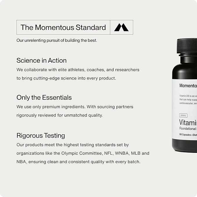 Momentous Vitamine D3 – Complément alimentaire – 5 000 UI Capsules pour un soutien fondamental de la santé – Certifié NSF pour le sport – Sans gluten – 60 portions