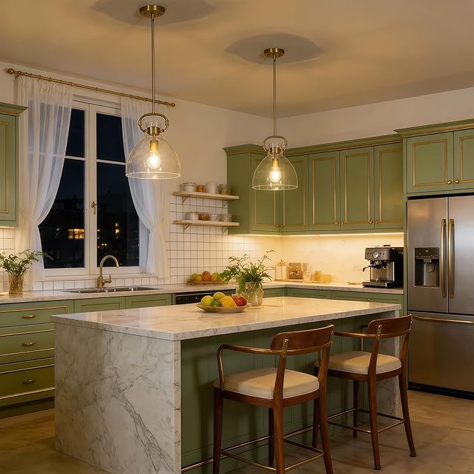 9.8'' Modern Pendant Lights for Kitchen Island, 1-Light Gold Glass Pendant Lighting, Adjustable Brass Hanging Pendant Lights Fixtures for Dining Rooms, Bathroom E26