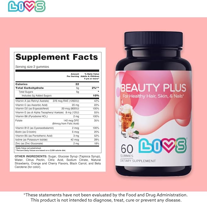 LIVS Beauty Plus Gummy Vitamins - Biotin Gummies for Hair, Skin and Nails | Natural, Gluten-Free, Non-GMO Beauty Supplement with Vitamin A, C, E, B12, D2, Zinc & More - Cream Soda Flavor - 60 Ct