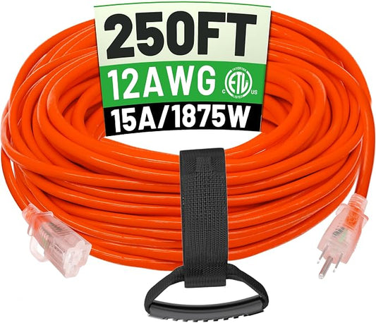 250 ft 12/3 Outdoor Extension Cord Waterproof Heavy Duty with Lighted End 12 Gauge 3 Prong, Flexible Cold-Resistant Long Power Cord Outside, 15Amp 1875W SJTW Orange ETL Listed POWGRN